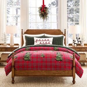 Pottery Barn Elliot KING / CAL Duvet Cover Christmas Tree Embroidered Red Plaid